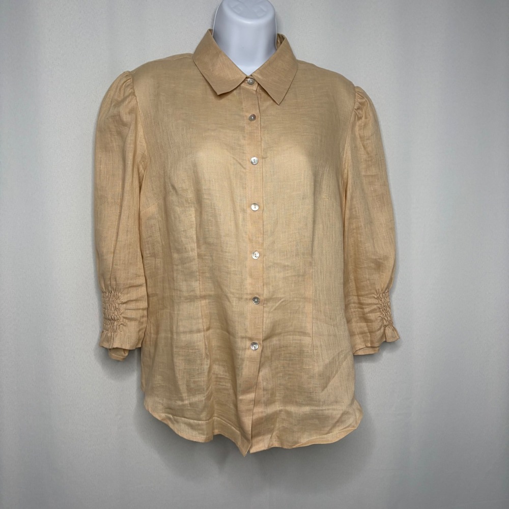 David N Womens 100% Linen Smocked Back Button Down Blouse Beige Large 8955664